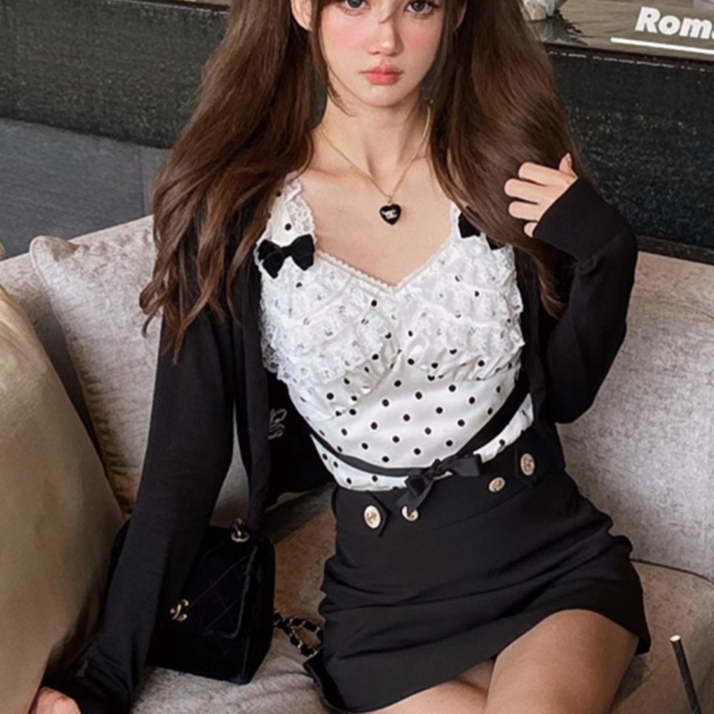 Japanese White Silky Lace Vintage Black Polka Dotted Ribbon Bow Tank Top Blouse